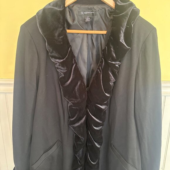 INC International Concepts Black Velvet-Trimmed Coat With Ruffled Collar & Cuffs - Picture 5 of 6